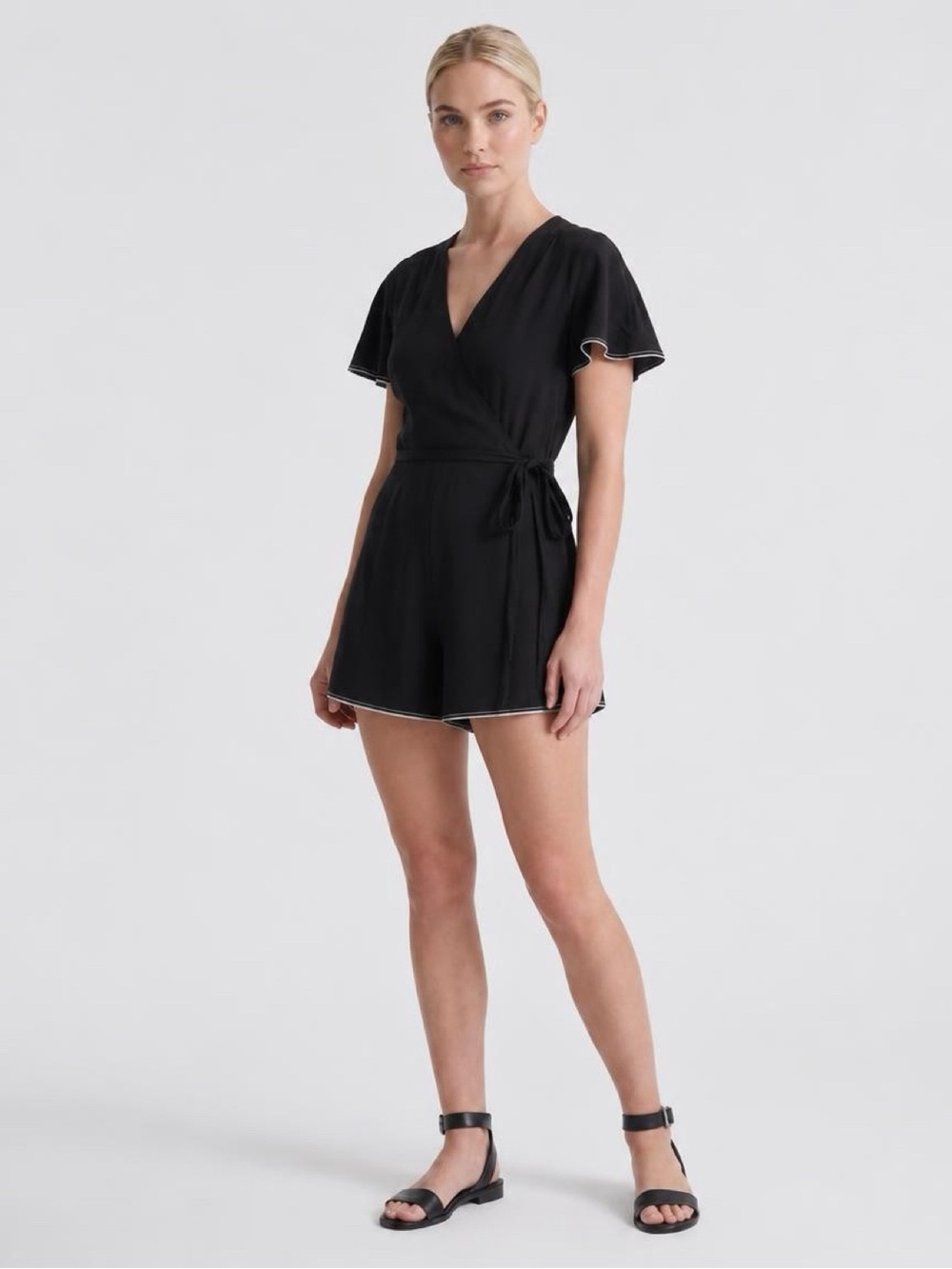 Diane Von Furstenberg Black Wrap Mini Romper with White Piping